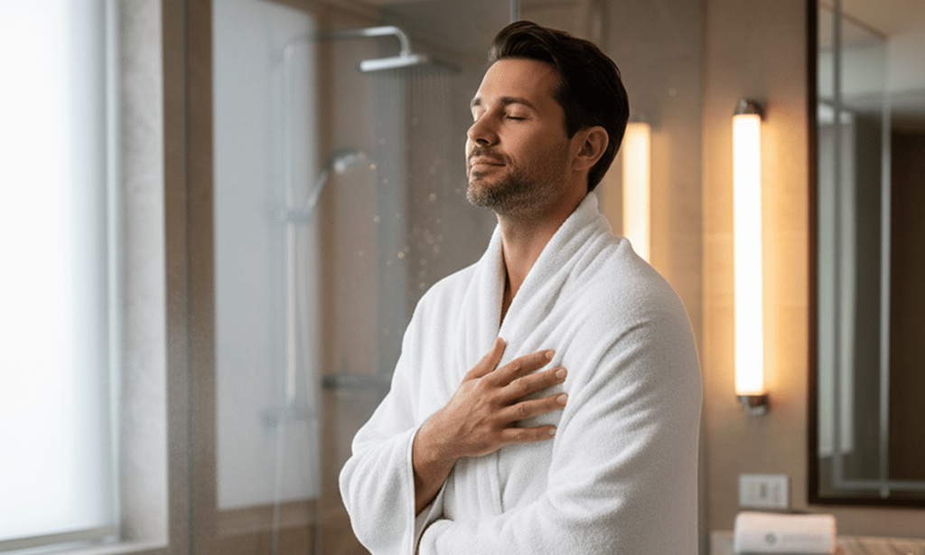 A Man Standing Wearing Noorpur Industries Towels - Noorpur Industries - Premium Bath Textiles Exporter