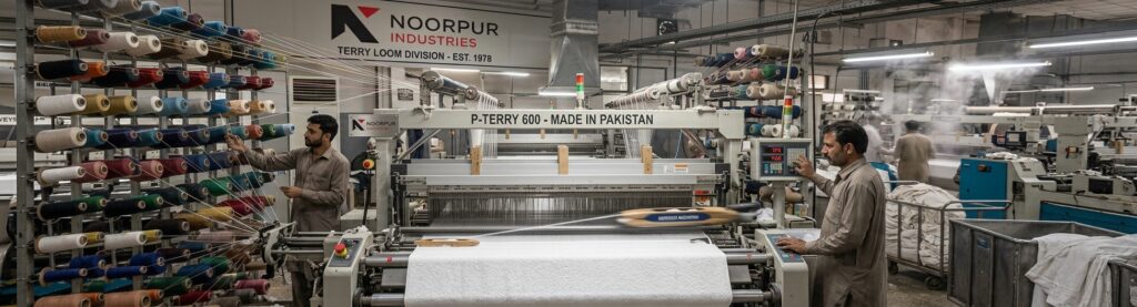 High-speed automated terry loom weaving custom GSM cotton towels in a Pakistani textile mill.