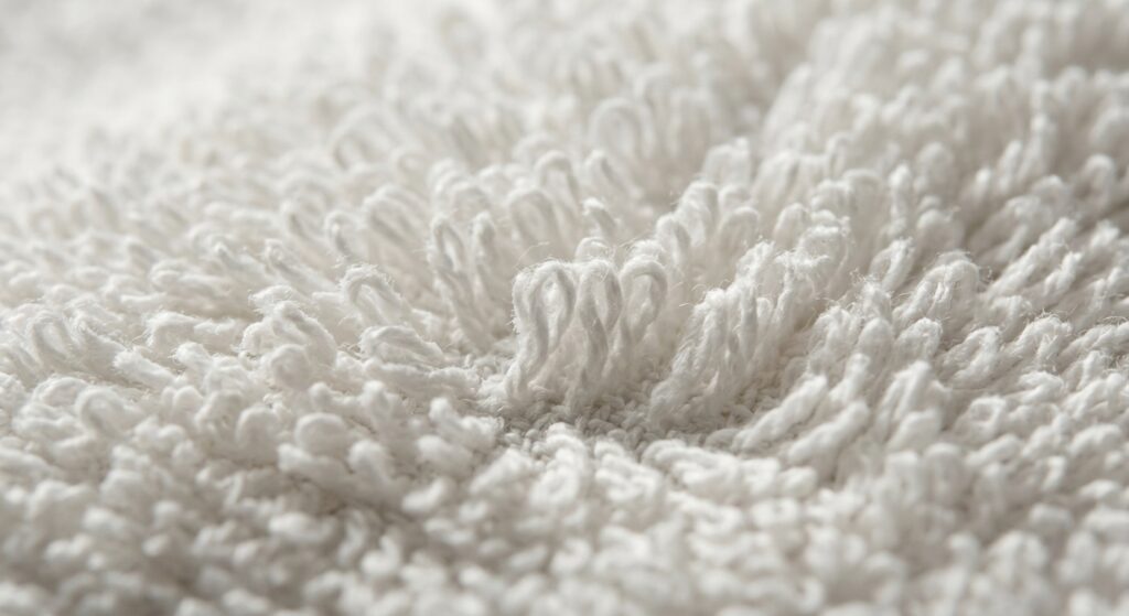 Close-up texture of 100% pure cotton terry towel loops woven by a Pakistani towel manufacturer.