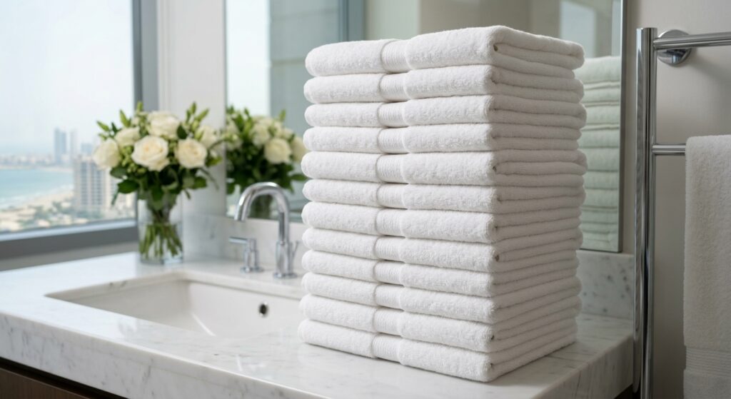 Stack of neatly folded white 100% cotton hotel bath towels featuring double lock-stitched edges.