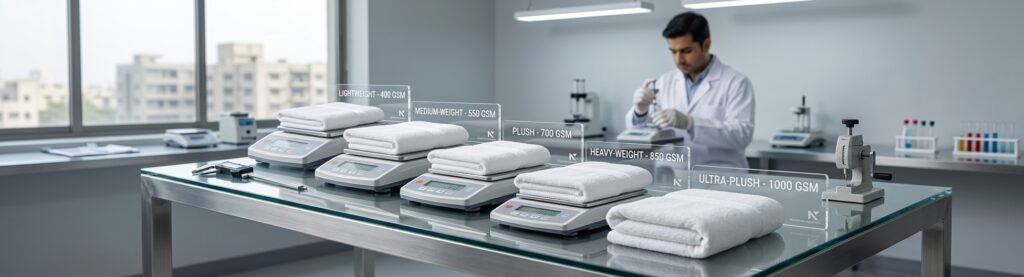 Side-by-side comparison of 350 GSM, 450 GSM, and 600 GSM cotton towels showing pile height differences.
