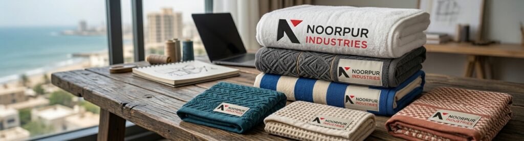 Stack of custom private label bath towels featuring woven brand care labels and custom dobby headers.