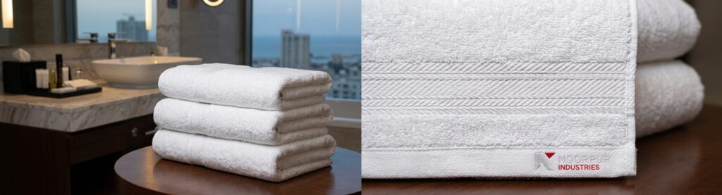 Stack of white commercial hotel bath towels with double lock-stitched edges manufactured in Pakistan.