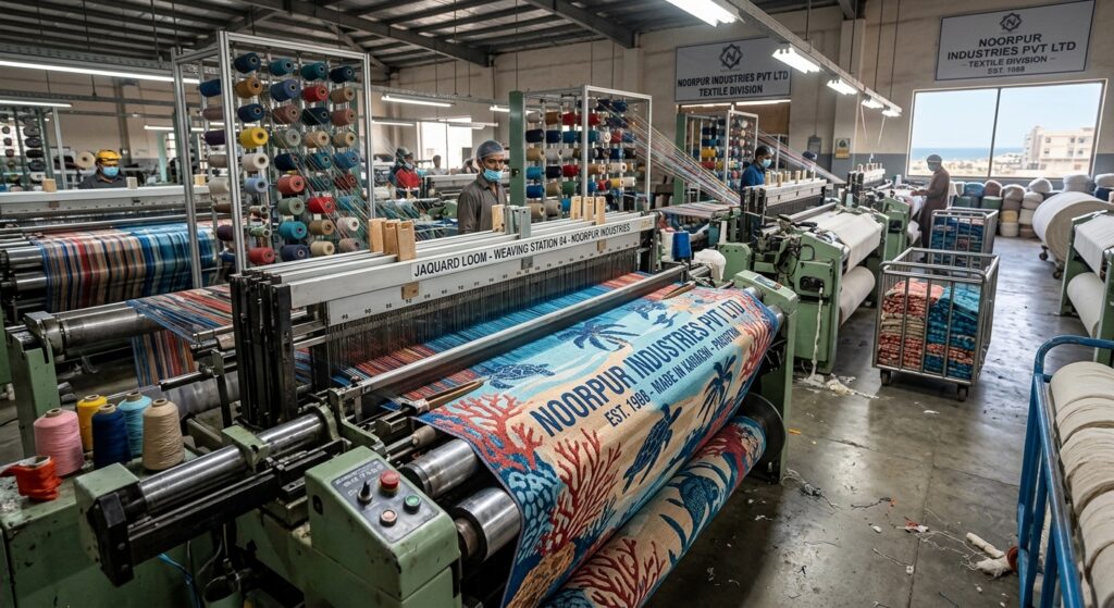 Two-tone yarn-dyed custom jacquard logo beach towel produced by a private label manufacturer.