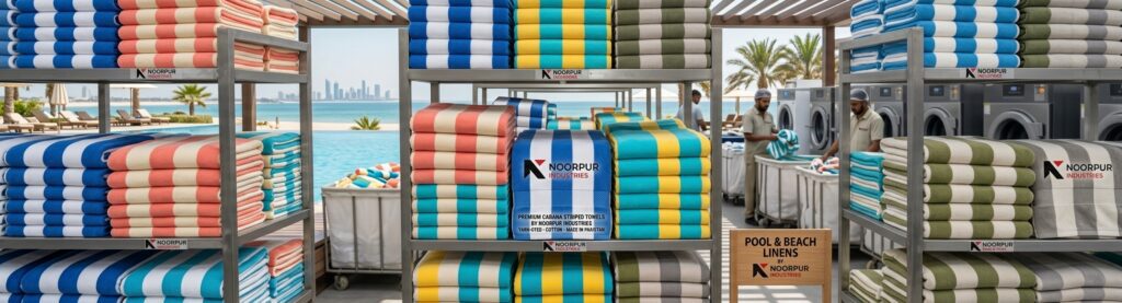 Vat-dyed cabana striped pool towels manufactured for Australian resorts.

