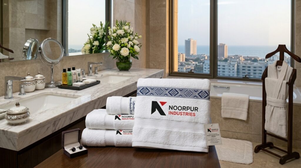 Luxury hotel bath towel featuring a custom woven logo in the dobby border.