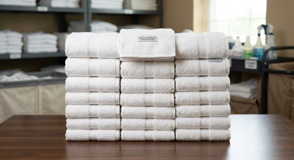 Neatly folded white cotton hotel towels manufactured in Pakistan for international export.