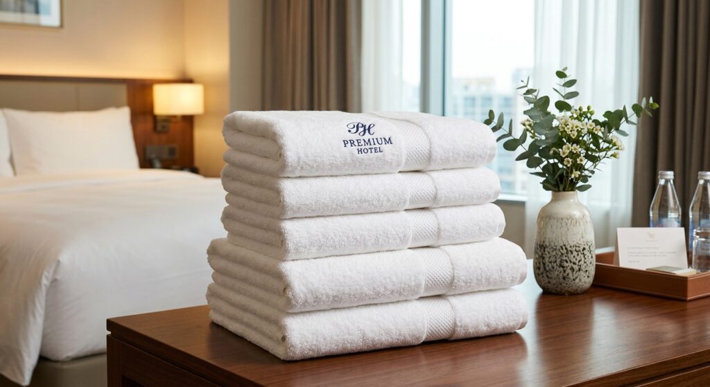 Stack of double-stitched white cotton hotel towels manufactured in Pakistan for export to Australia.