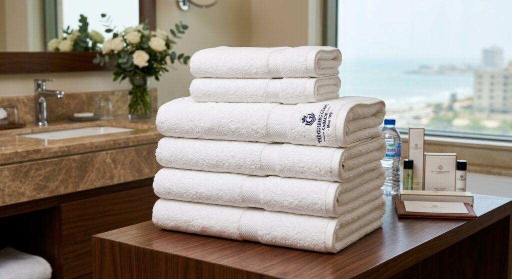 Neatly folded white cotton hotel bath towels manufactured with reinforced double-stitched hems.