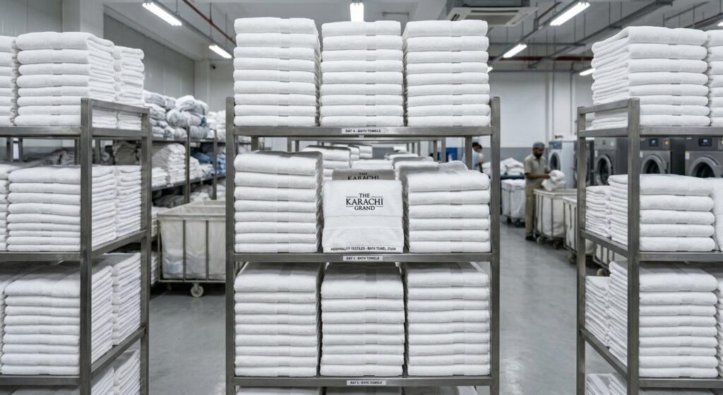Stacks of crisp white cotton hotel bath towels manufactured for Australian hospitality businesses.