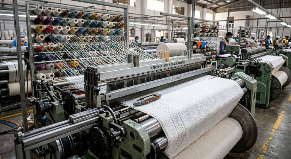 Automated loom weaving machine producing bulk cotton terry towels in a Pakistani textile factory.