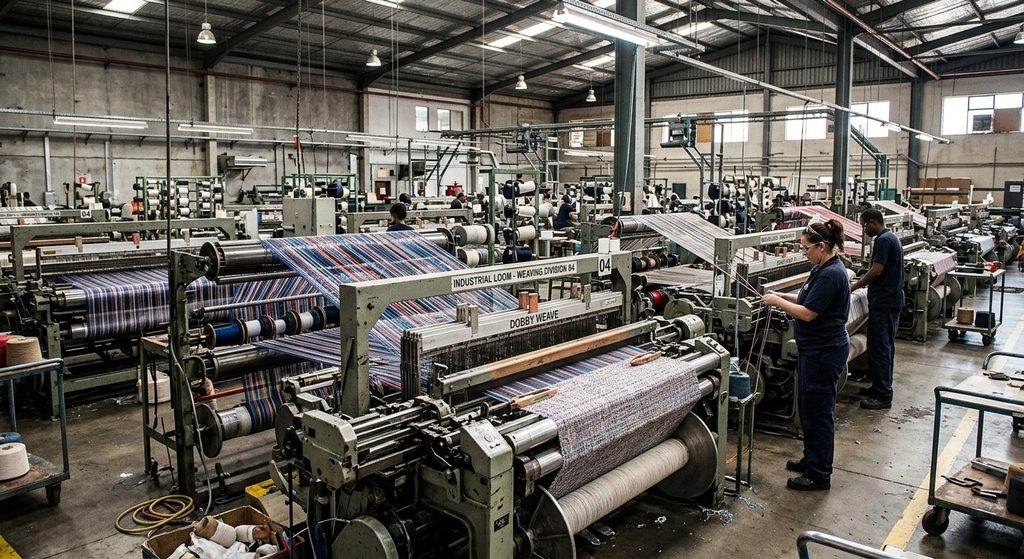 High-speed automatic weaving looms producing cotton terry towels in a Pakistani textile factory.