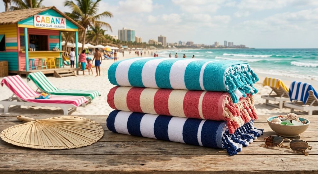 Brightly colored yarn-dyed cabana striped beach towels manufactured for export.